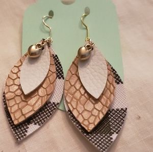 Faux Leather Black Plaid/Tan/White Teardrop Earrin